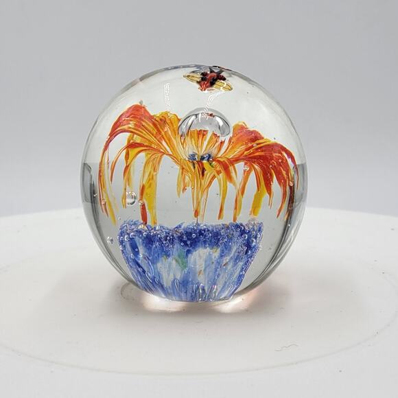 Glass Flower Dragonfly Paperweight Orange Blue Blown Art Glass - Picture 7 of 7